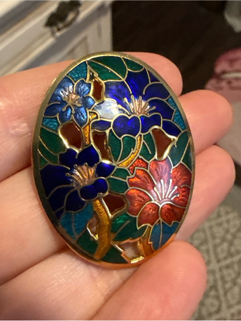 Enamel Floral Cloisonné Brooch — Blue & Red Flowers vintage Lilly gold toned pin